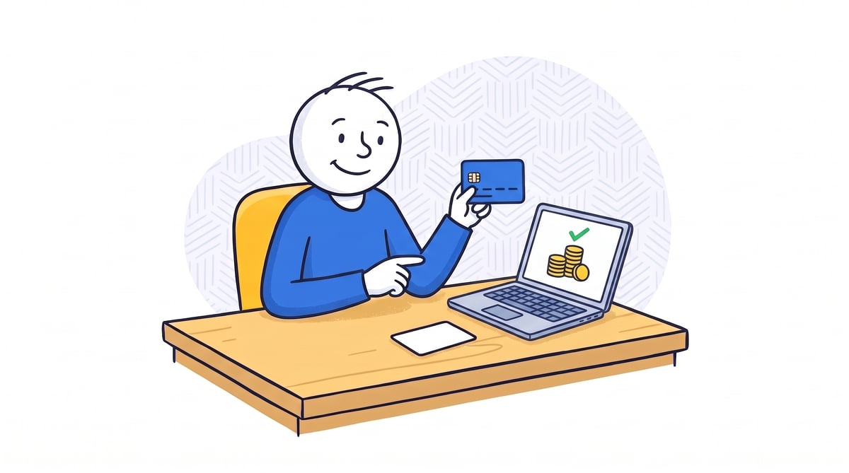 Illustration of a player holding a credit card beside a laptop showing an online Gold Coin package purchase