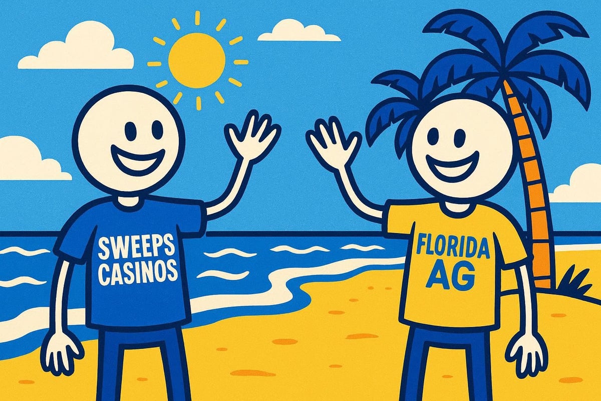 A cartoon representation of two pleasant stick figures standing on a Florida beach and waving to each other — one wearing a SWEEPS CASINOS shirt and the other wearing a FLORIDA AG shirt — using a vibrant, blue, yellow, and white color scheme.