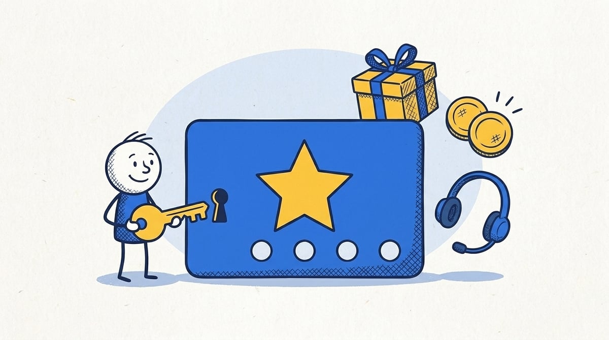 Player holding a key to a loyalty card, with a gift, game tokens and a support headset representing VIP perks.