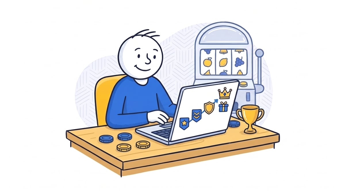 Illustration of a player progressing through casino VIP loyalty rewards with badges, a gift, crown and trophy