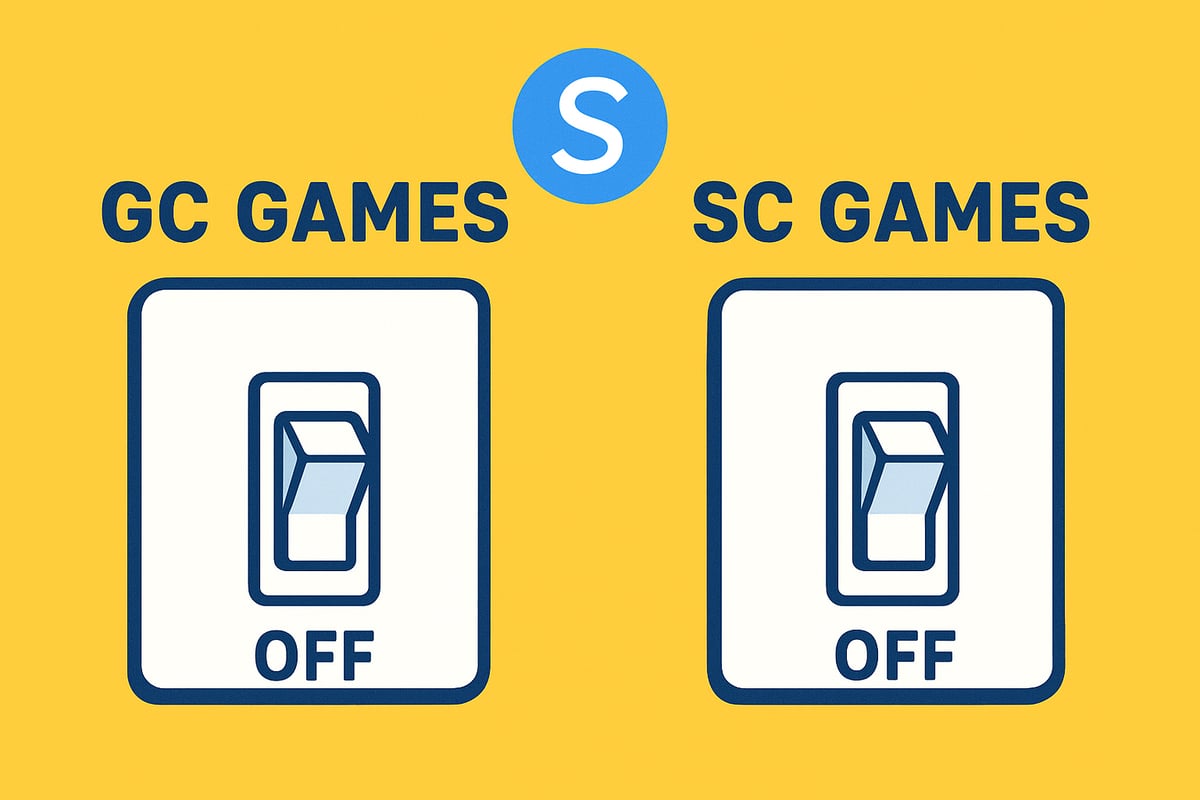A realistic simple representation of two light switches in the OFF position with GC GAMES written above one and SC GAMES written above the other, with a blue Stake.us S in the image, using a vibrant yellow, blue, and white color scheme inspired by a cartoon-style design.