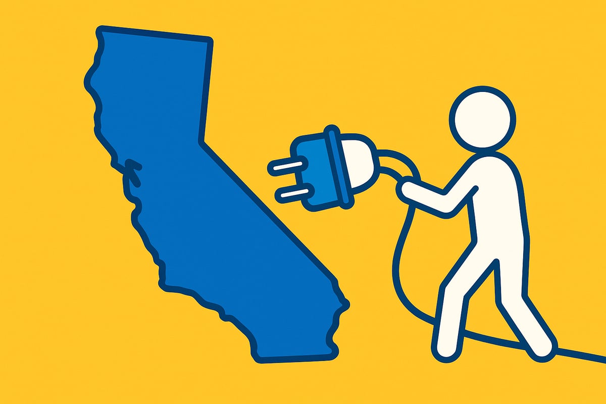 A realistic simple representation of stick figure pulling a plug out of an electric state outline of California using a vibrant yellow, blue, and white color scheme inspired by a cartoon-style design.