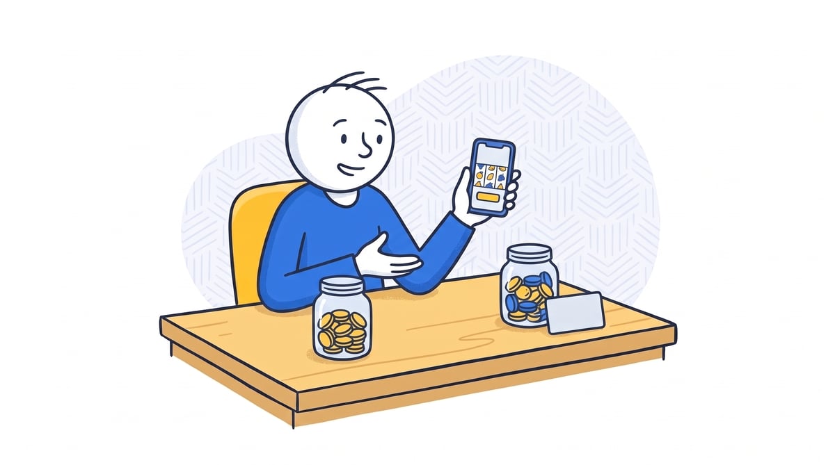 A player compares play coins and prize coins beside a social-casino game on a phone