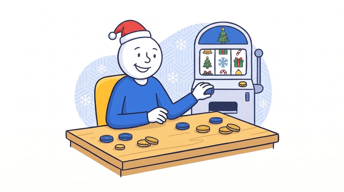 Illustration of a player enjoying Christmas-themed sweepstakes slots with festive symbols and play coins