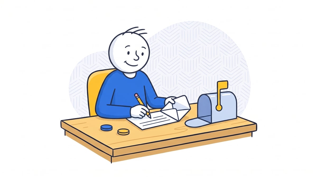 A cartoon player handwriting a free entry request and sealing it in an envelope beside a mailbox, illustrating sweepstakes AMOE.
