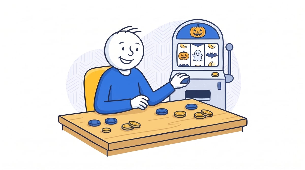 Illustration of a player enjoying Halloween-themed sweepstakes slots with pumpkins, ghosts, bats and play coins