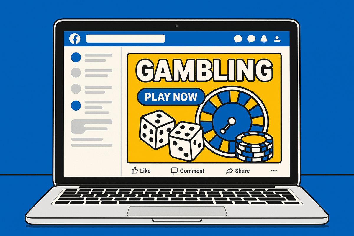 A realistic simple representation of a gambling ads on Facebook on a laptop computer screen using a vibrant yellow, blue, and white color scheme inspired by a cartoon-style design.