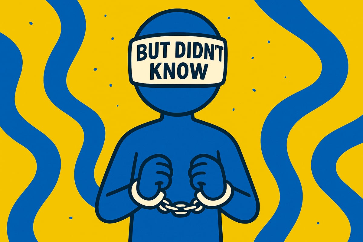 A realistic simple representation of a stick figure in handcuffs wearing a blindfold that says BUT I DIDN'T KNOW on it using a vibrant yellow, blue, and white color scheme inspired by a cartoon-style design.