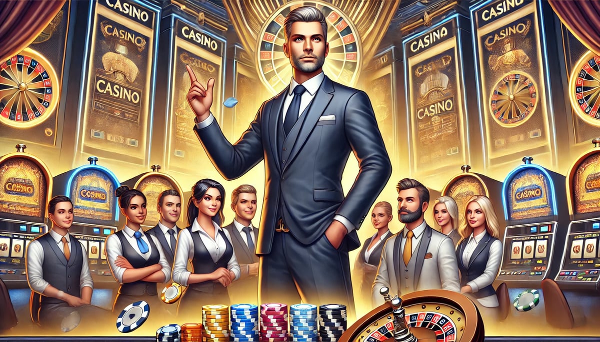 AI drawing showing man in suit in a casino setting with other people dressed nicely standing behind him looking to him with admiration
