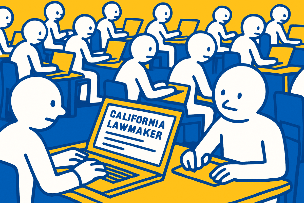 A realistic simple representation of an bunch of stick figures all sitting down and writing emails on their laptops to CALIFORNIA LAWMAKER using a vibrant yellow, blue, and white color scheme inspired by a cartoon-style design.