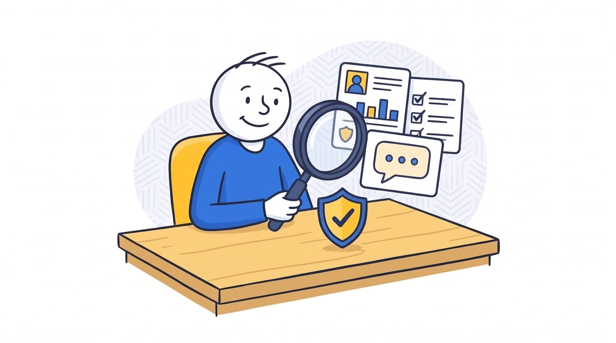 Sweepsy reviewer examines casino data, a checklist and player feedback with a magnifying glass