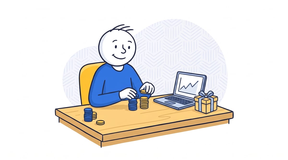 A player sorting blue promotional coins and gold entertainment coins beside a laptop and a gift