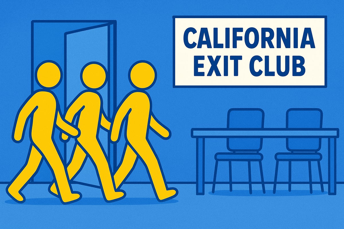 A realistic simple representation of three stick figures walking into meeting that has a banner saying CALIFORNIA EXIT CLUB hanging somewhere in the room using a vibrant blue, yellow, and white color scheme inspired by a cartoon-style design.