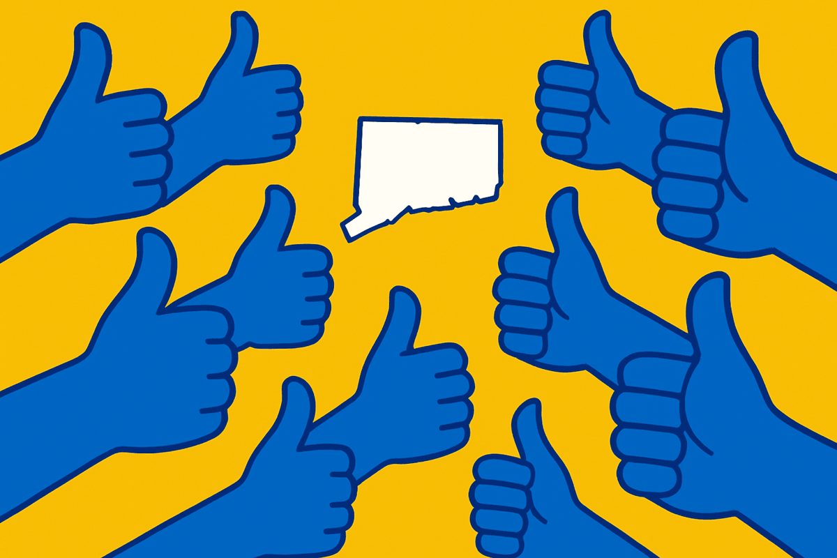 AI cartoon drawing of a bunch of thumbs-ups all surrounding a small Connecticut state outline. Colors are yellow, blue, and white.