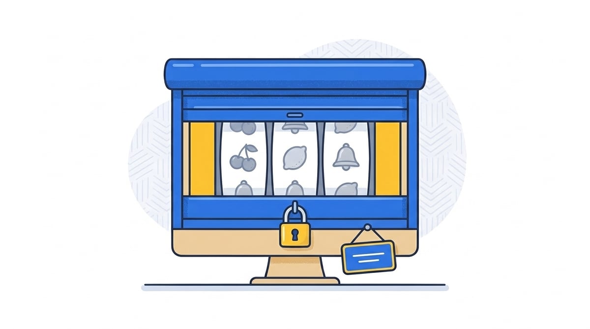 Illustration of an online slot game behind a closed blue shutter with a padlock, representing sweepstakes casino closures