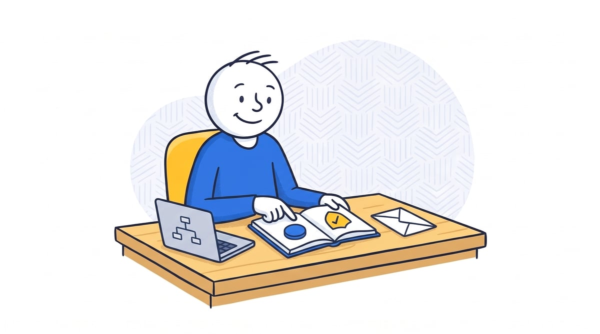 A beginner studies a sweepstakes guidebook at a desk with a laptop, a coin, an eligibility shield and a free-entry envelope.