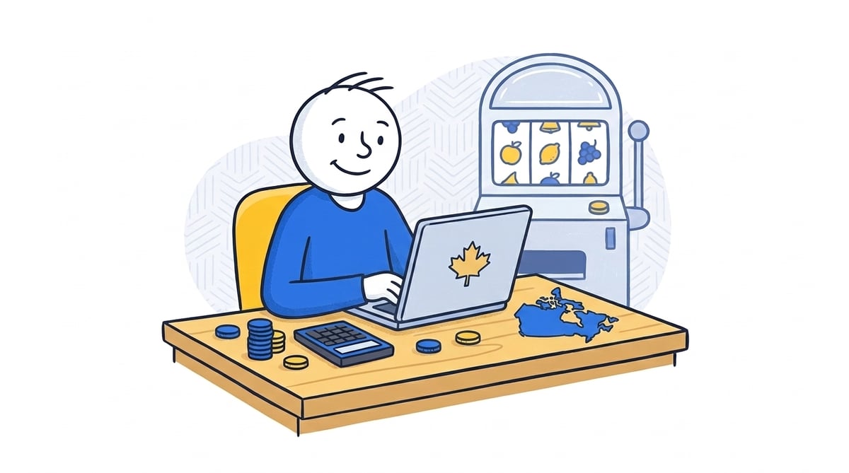 Illustration of a player comparing sweepstakes casino options in Canada with a laptop, slot machine, play coins and a Canada map
