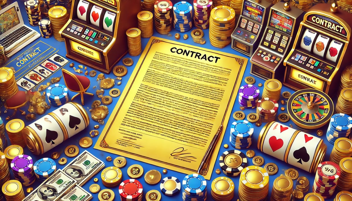 Gold casino contract surrounded by slot machines and poker chips, illustrating sweepstakes casino terms