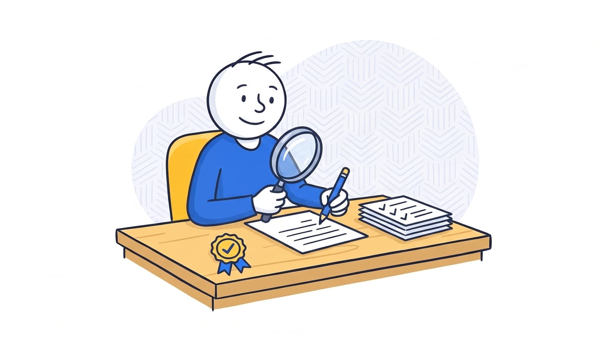 Sweepsy editor checks an article manuscript with a magnifying glass and a verification seal