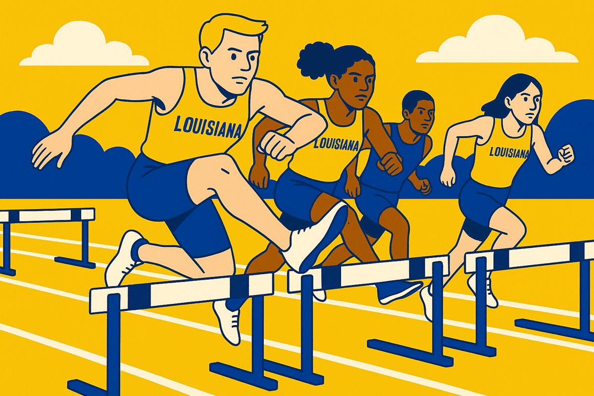 AI cartoon drawing of four runners (with three having the world Louisiana on their uniform) jumping over hurdles on a track. Colors are white, yellow, and blue.