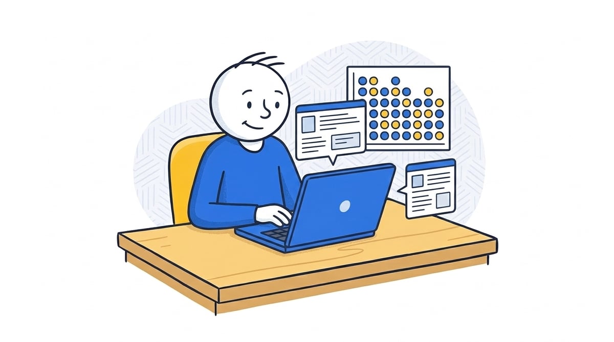 A player reviewing game information on a laptop beside a chart of repeated outcomes