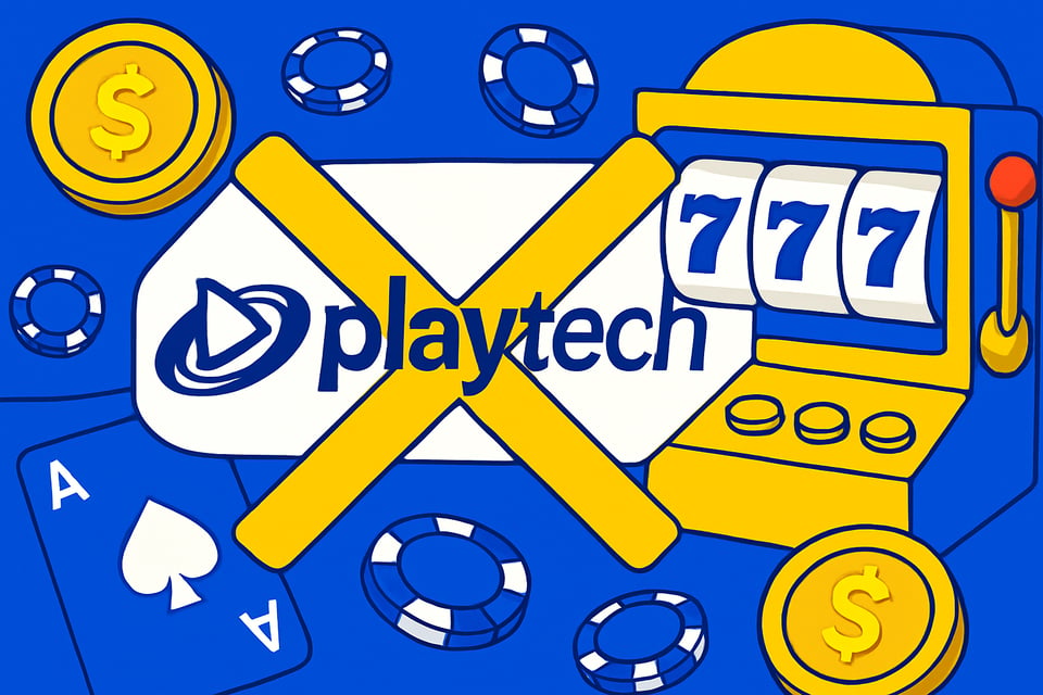 A realistic simple representation of an X through the Playtech logo (the gaming company) using a vibrant yellow, blue, and white color scheme inspired by a cartoon-style design. The image features online casino elements.