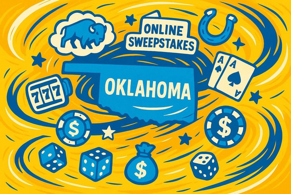 A cartoon representation of symbols representing Oklahoma and online sweepstakes casinos swirling around in a classic Oklahoma duststorm using a vibrant yellow, blue, and white color scheme.