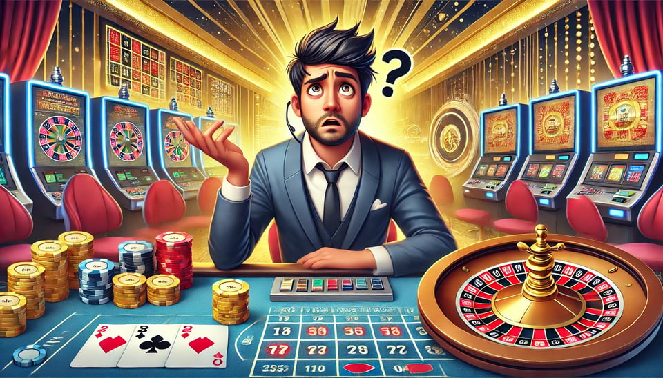 AI image of confused looking gambler surrounded by casino elements while sitting at a gaming table