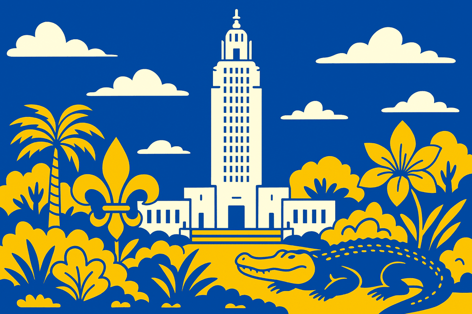AI cartoon drawing showing the Louisiana capitol building with a Louisiana swamp and an alligator in the foreground. Colors are blue, yellow, and white.