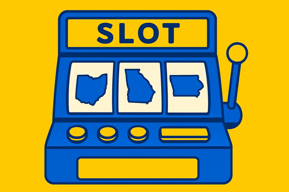 A realistic simple representation of symbols representing Ohio, Georgia, and Iowa and on a slot machine using a vibrant yellow, blue, and white color scheme inspired by a cartoon-style design.
