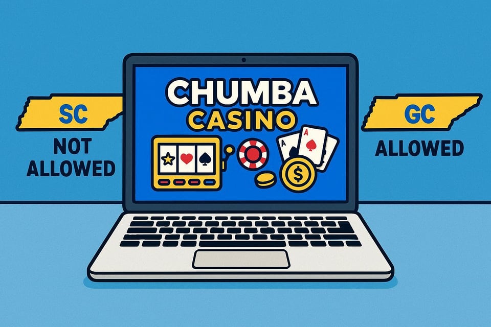 Realistic simple representation of an open laptop computer with CHUMBA CASINO on its screen as well as online casino elements — and the computer is sitting on a table in between two state outlines of Tennessee, one saying SC NOT ALLOWED and the other saying GC ALLOWED, using a vibrant blue, yellow, and white color scheme inspired by a cartoon-style design.