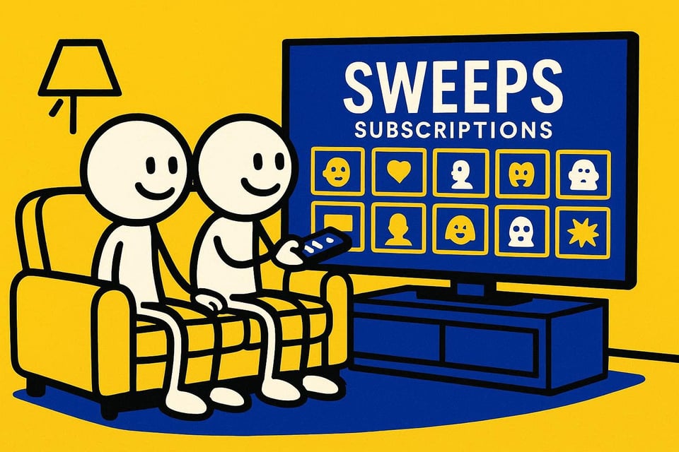 A cartoon representation of two stick figures sitting on a couch scrolling through something that resembles Netflix on their TV, but instead of NETFLIX, it's called SWEEPS SUBSCRIPTIONS, using a vibrant yellow, blue, and white color scheme.