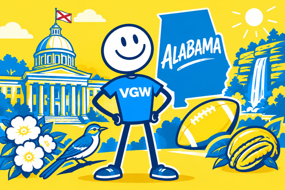 A cartoon representation of a stick figure wearing a VGW shirt with his hands on his hips smiling surrounded by symbols of Alabama using a vibrant yellow, blue, and white color scheme
