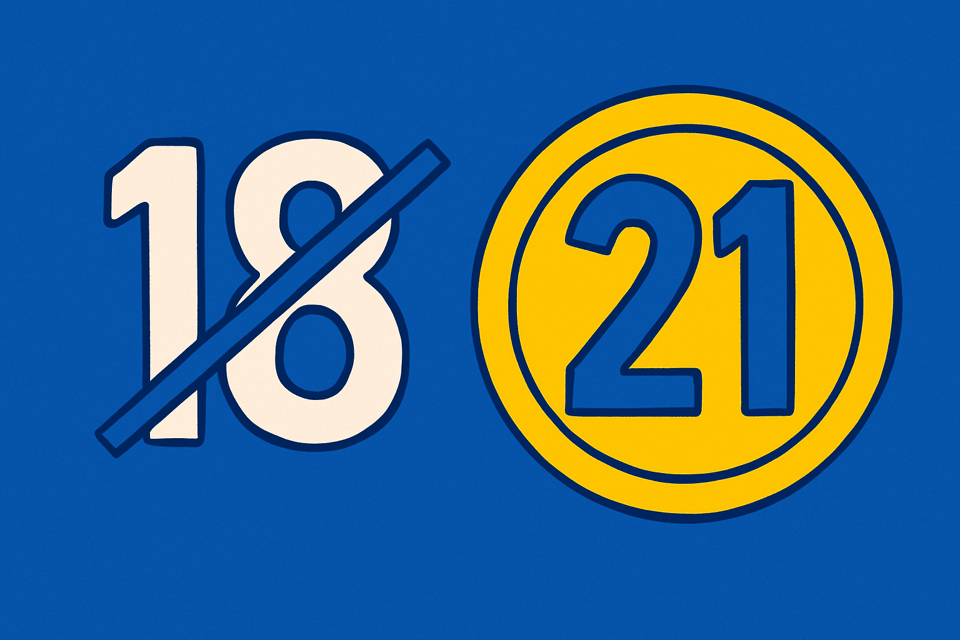 AI cartoon drawing of a white number 18 with a blue line through it next to a blue number 21 in a yellow circle. Blue background.