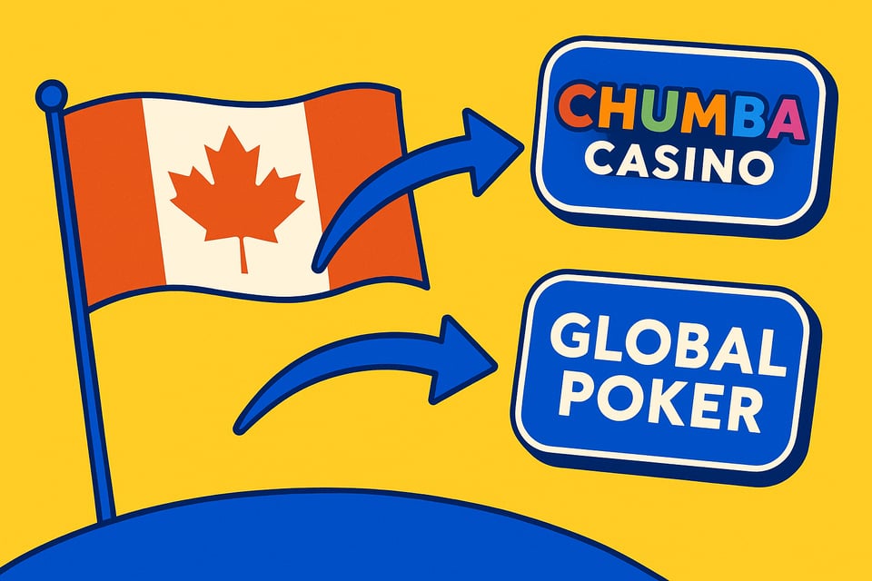 A realistic simple representation of a the logos for Chumba Casino and Global Poker flying away from a Canadian flag with directional arrows indicating they are leaving using a vibrant yellow, blue, and white color scheme inspired by a cartoon-style design.