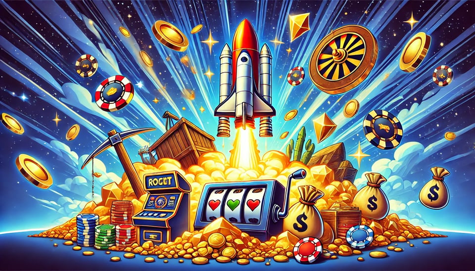 AI cartoon image of a rocket launch surrounded by gold mining and casino elements