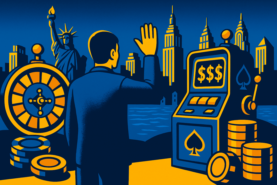 AI cartoon drawing of man from behind as he waves goodbye to the New York skyline and the Statue of Liberty, with casino elements (like a slot machine and roulette wheel) right next to him. Colors are blue, yellow, and orange.