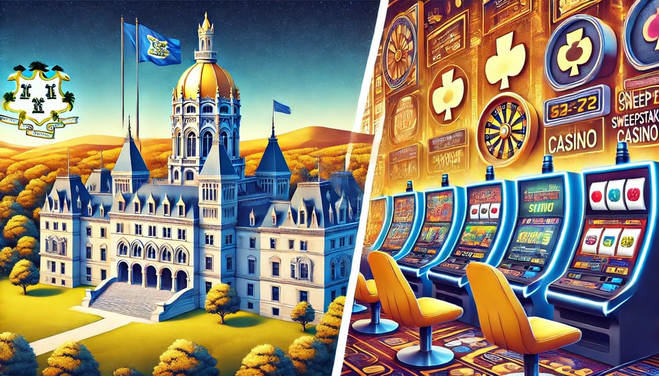 AI cartoon image showing the Connecticut statehouse on the left side and slot machines representing online sweepstakes casinos on the right side