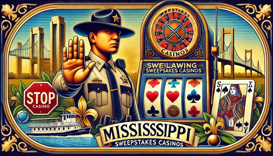 AI image representing Mississippi outlawing sweeps casinos with police officer, stop sign, and casino elements filling the image