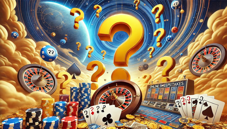 AI drawing showing big yellow question marks and casino elements such as playing cards and roulette wheels on yellow clouds in front of an outer space background