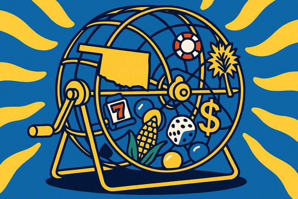 A cartoon representation of symbols representing Oklahoma and symbols representing online casino gambling tumbling together in a bingo cage using a vibrant blue, yellow, and white color scheme.