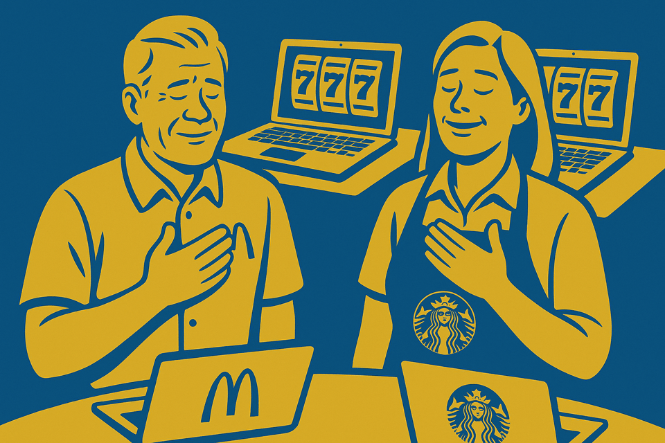 AI cartoon drawing of man McDonalds employee and woman Starbucks employee looking relieved while laptops in the background show slot machines. Colors are blue and yellow.