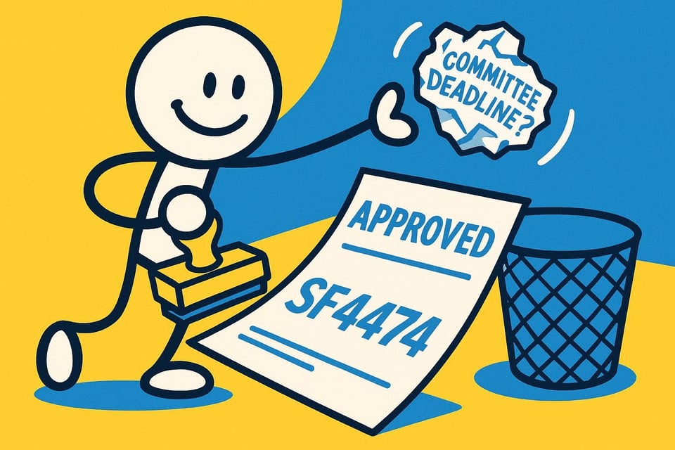 A cartoon representation stick figure stamping an APPROVED stamp on a paper that says SF4474 while also throwing a crumped up paper that says COMMITTEE DEADLINE? into a trash can using a vibrant blue, yellow, and white color scheme.