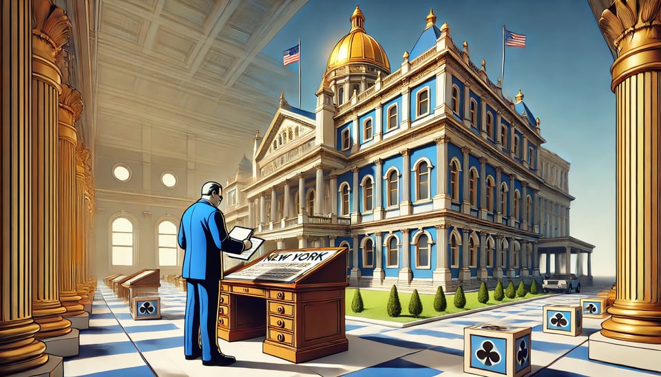 AI drawing showing a lawmaker writing a bill that says NEW YORK on it in front of a representation of the state capitol building
