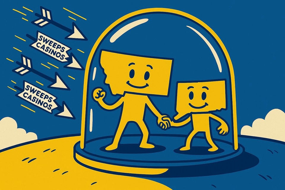 A realistic simple representation of a personified outlines of Montana and Connecticut standing inside a protective glass dome that's protecting them from SWEEPS CASINO arrows trying to get in using a vibrant yellow, blue, and white color scheme inspired by a cartoon-style design.