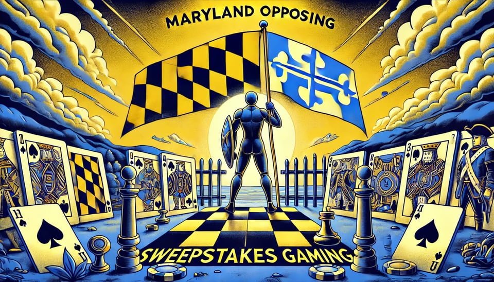 AI image representing Maryland being opposed to sweepstakes gaming, with chess player leading playing cards into battle