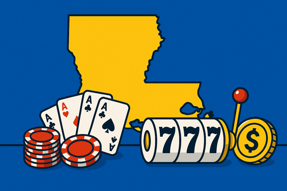 A realistic simple representation of a Louisiana map using a vibrant yellow, blue, and white color scheme inspired by a cartoon-style design. The image features online casino elements.