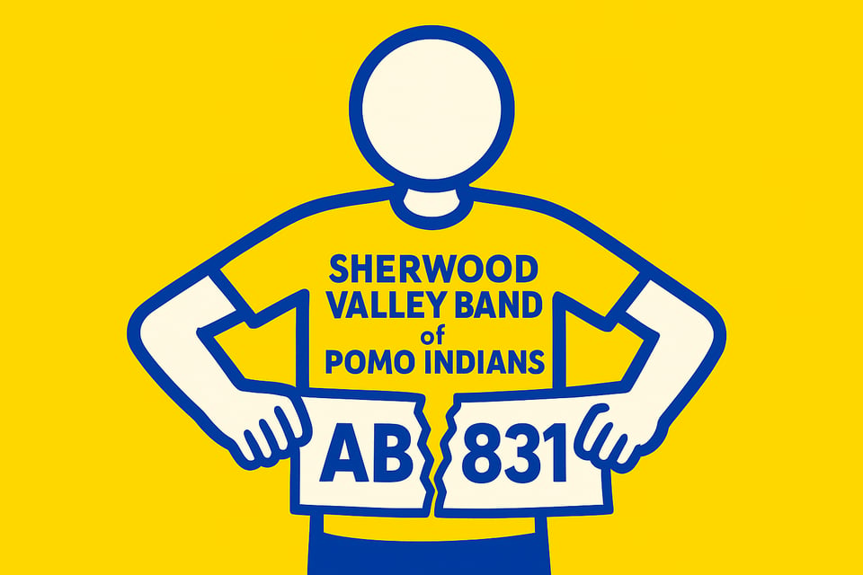 A realistic simple representation of a stick figure ripping a paper that says AB831 in half, and that stick figure is wearing a shirt that says SHERWOOD VALLEY BAND OF POMO INDIANS, using a vibrant yellow, blue, and white color scheme inspired by a cartoon-style design.