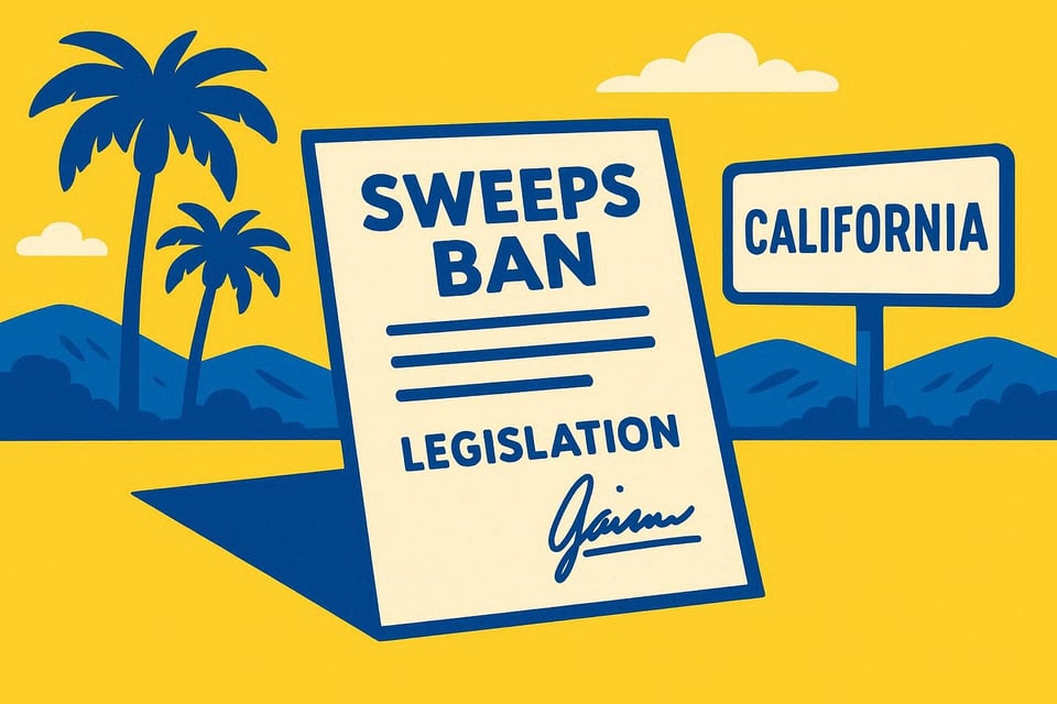 A realistic simple representation of a piece of legislation called SWEEPS BAN with a signature on it, with California imagery prominent in the picture, using a vibrant yellow, blue, and white color scheme inspired by a cartoon-style design. I only want to use yellow, blue, and white as colors.