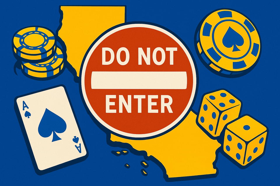 A realistic simple representation of a big DO NOT ENTER sign inside the California state outline using a vibrant yellow, blue, and white color scheme inspired by a cartoon-style design, featuring some online casino elements.